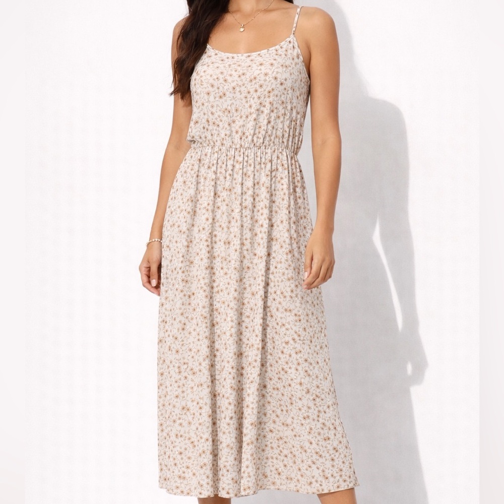 Spaghetti Strapped Cream Floral Midi Dress